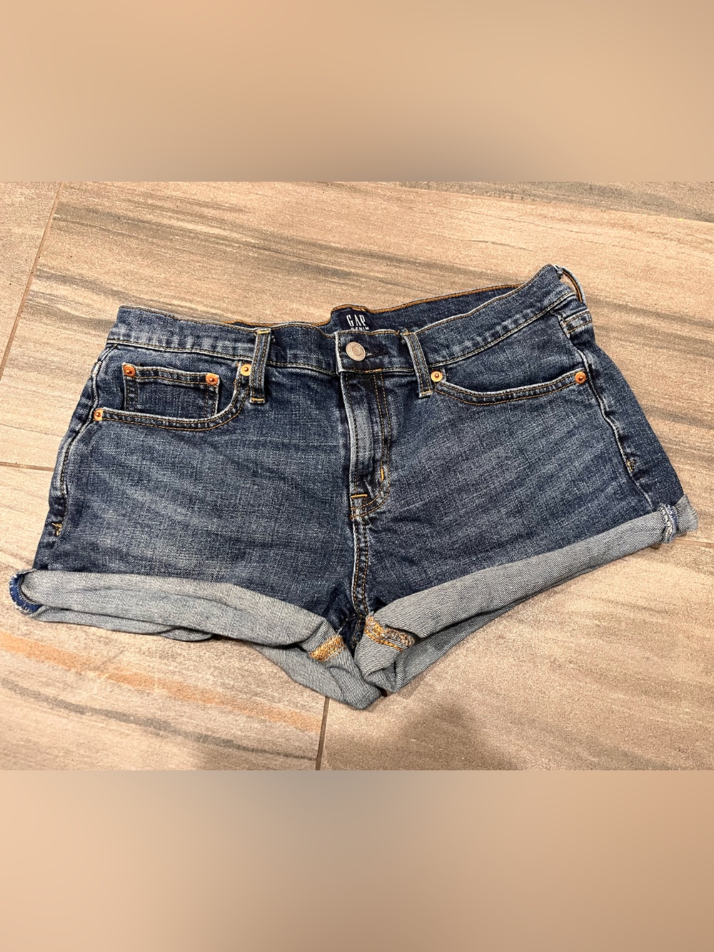 GAP Raw Hem Dark Blue Denim Shorts Mid Rise Jorts Women’s Size 29P Summer Rolled